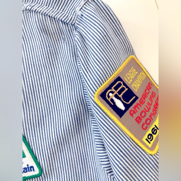 Distressed VTG embroidered patchs railroad ticking shirt XL Natural inst… - Picture 7 of 16